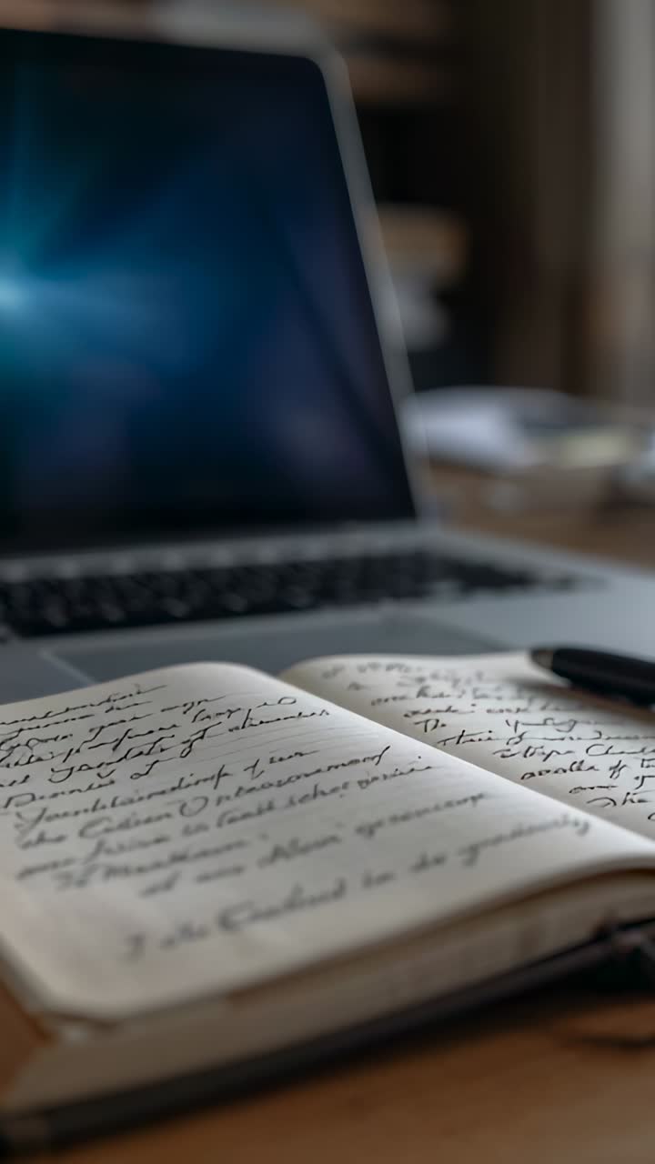 Vertical video: Pulling camera showing open notebook and pen at home desk to show notes, laptop