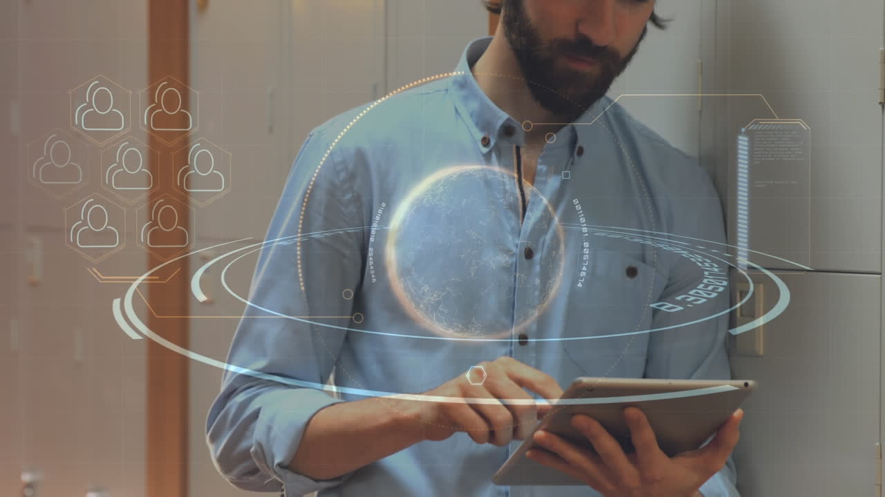 hombre usando su tableta digital rodeado de animación tecnológica