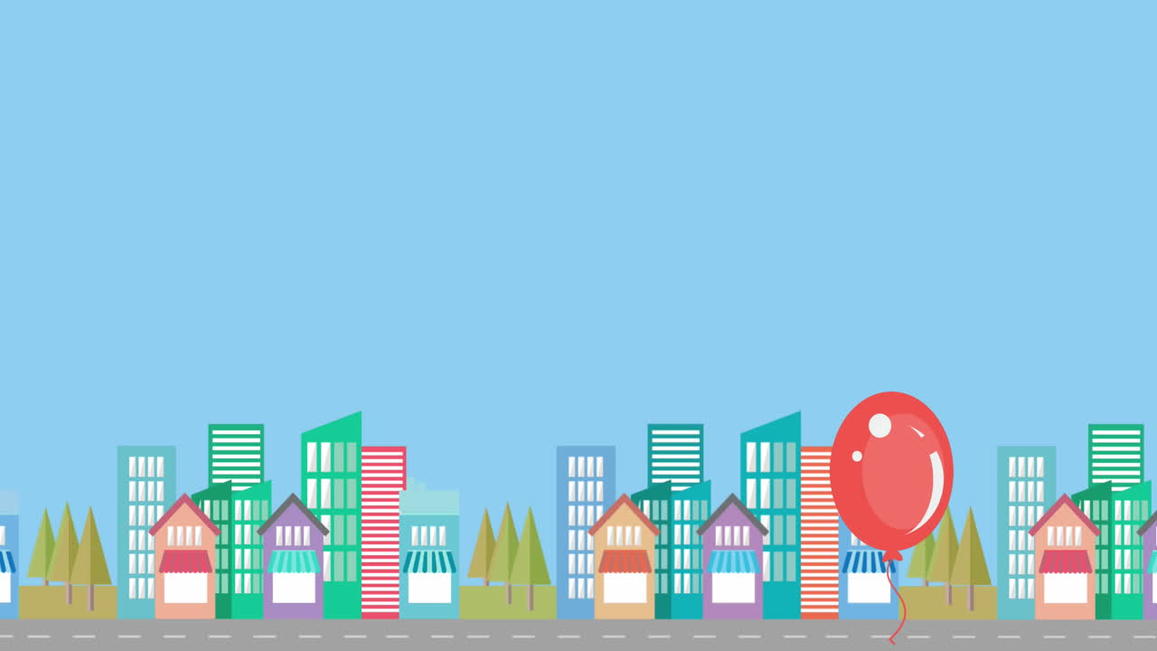 globo rojo flotando contra el paisaje urbano