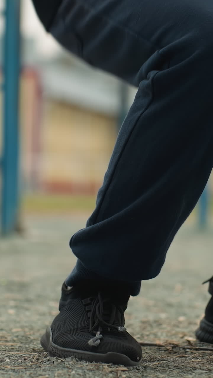Close-up of legs in motion as someone performs a workout, squatting up and down near an iron pole, a blurred yellow building and a person walking in the background