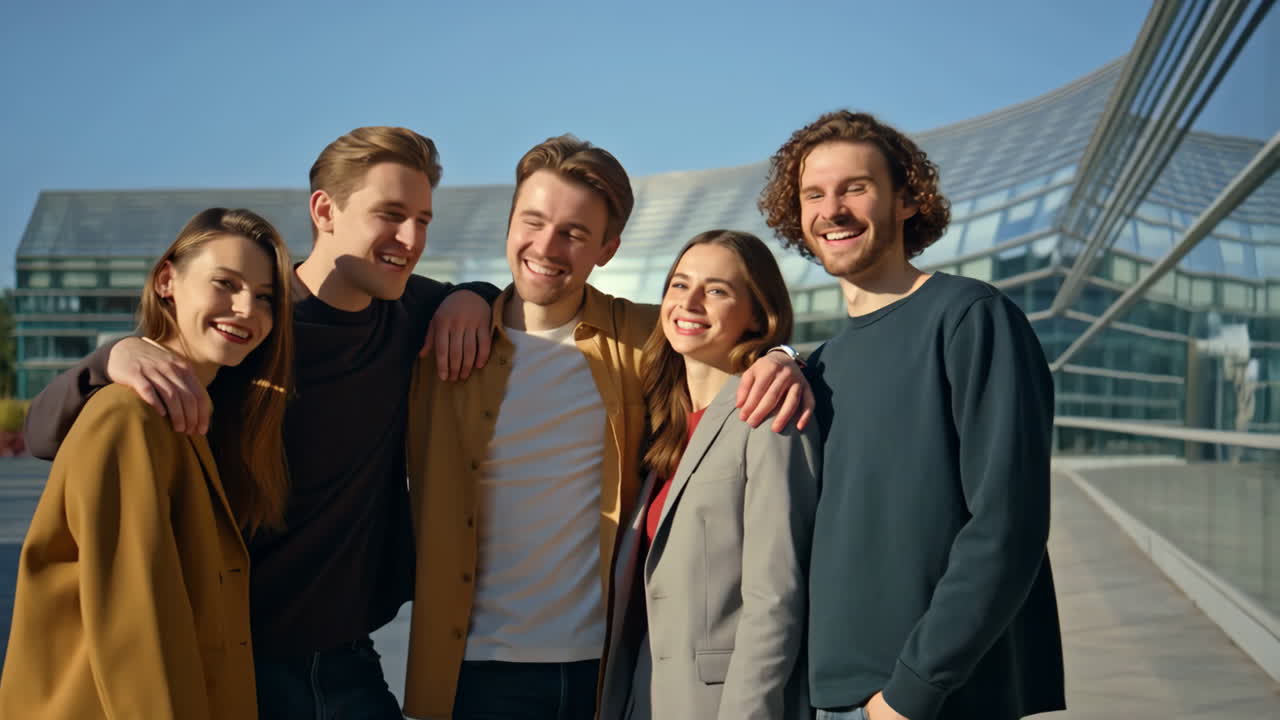 Group of Happy Young Adults Smiling and Socializing Outdoors