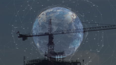 animation of globe with connections over construction site