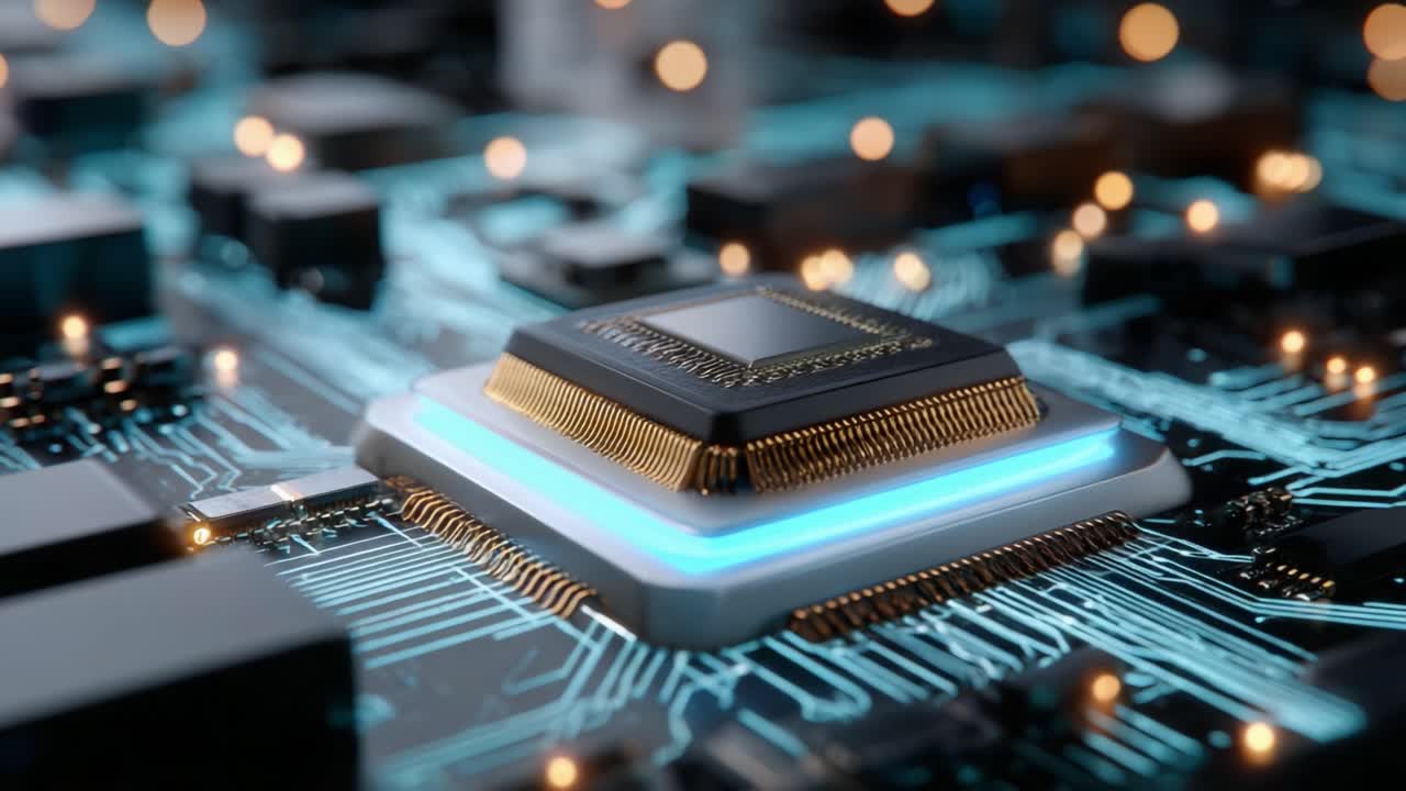 A Close-Up View of a High-Tech Microprocessor on a Circuit Board, Highlighting its Intricate Design and the Glowing LED Elements, Perfectly Illustrating the Inner Workings of Modern Electronics and Computing Technology