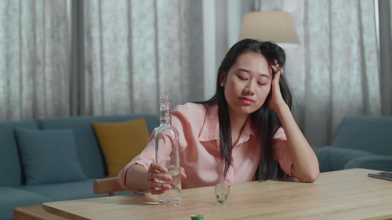 술에 취한 우울한 아시아 여성이 집에서 테이블을 부러뜨리기 전에 보드카를 마시고 있습니다.