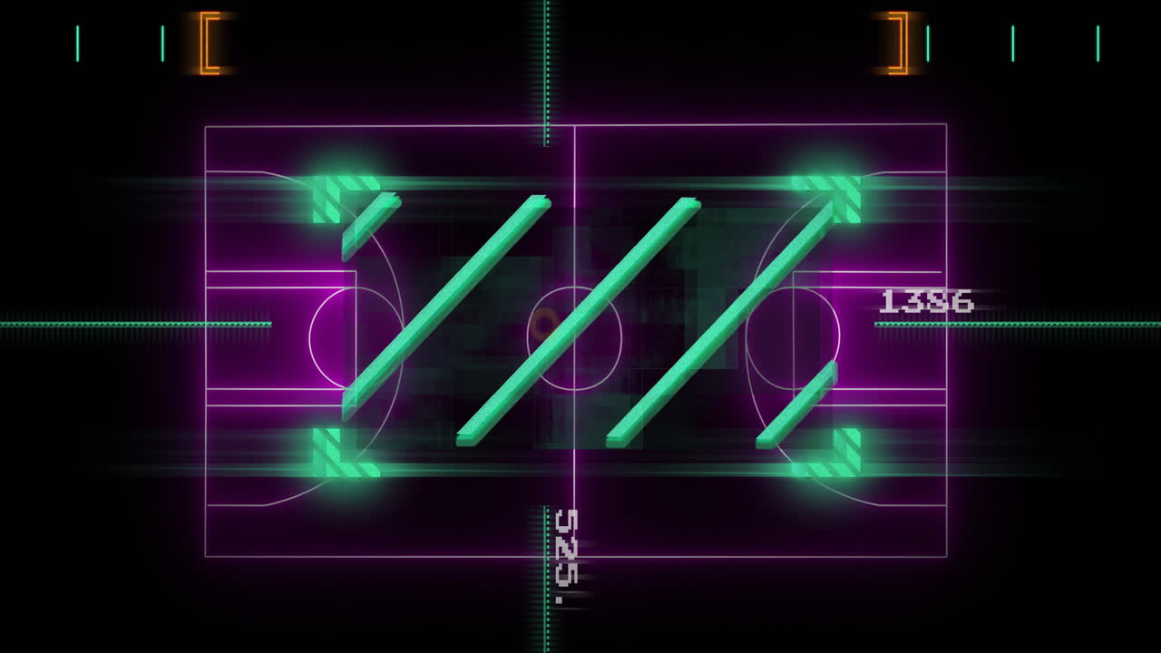 Neon digital basketball court glowing with glitching effects, showing green bars and purple lines