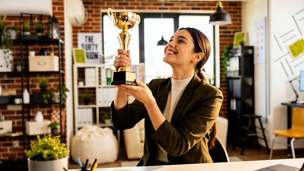 Mujer celebrando y levantando un trofeo de oro tras ganar un premio en una oficina abierta, vistiendo un blazer color oliva.