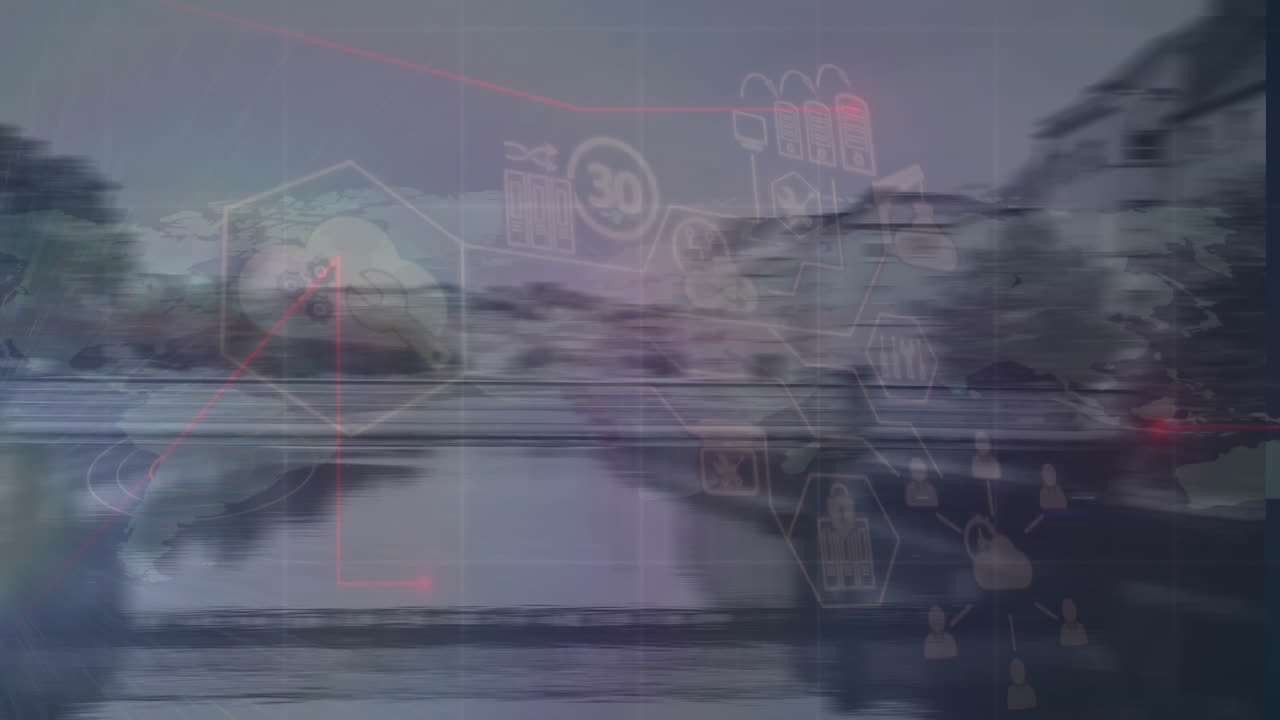 Animation of media icons over cityscape