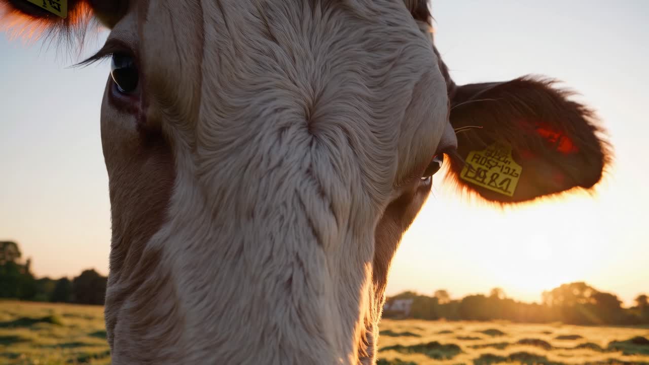 Close-up, low-angle shot of a cow in a field at sunset, capturing a serene rural scene