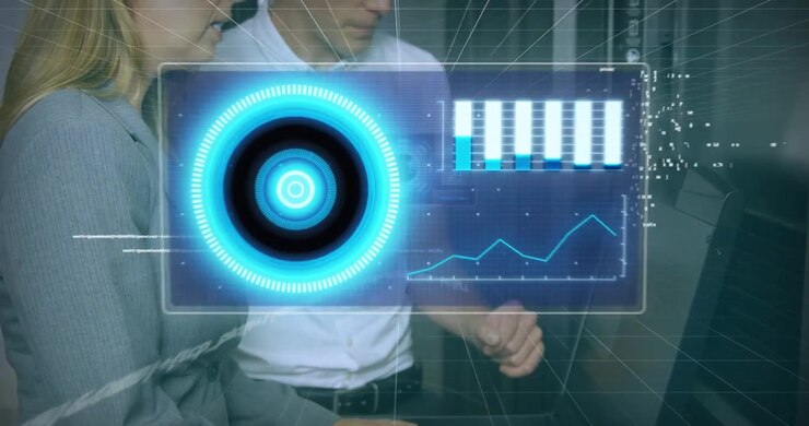 Animation of scope scanning, data processing over caucasian it man and woman fixing computer server