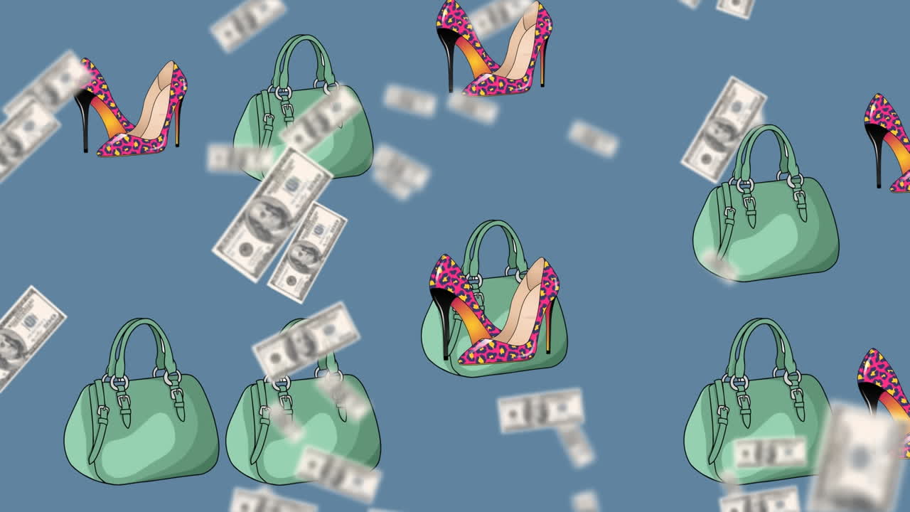 파란색 배경에 있는 지폐와 신발 아이콘의 애니메이션