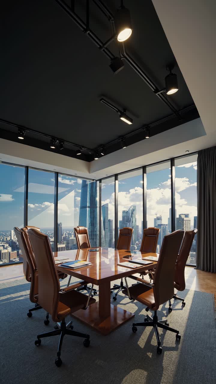 Luxurious meeting room with large windows offering panoramic view of Moscow City skyline, featuring wooden table, leather chairs, and modern lighting, bathed in warm sunlight