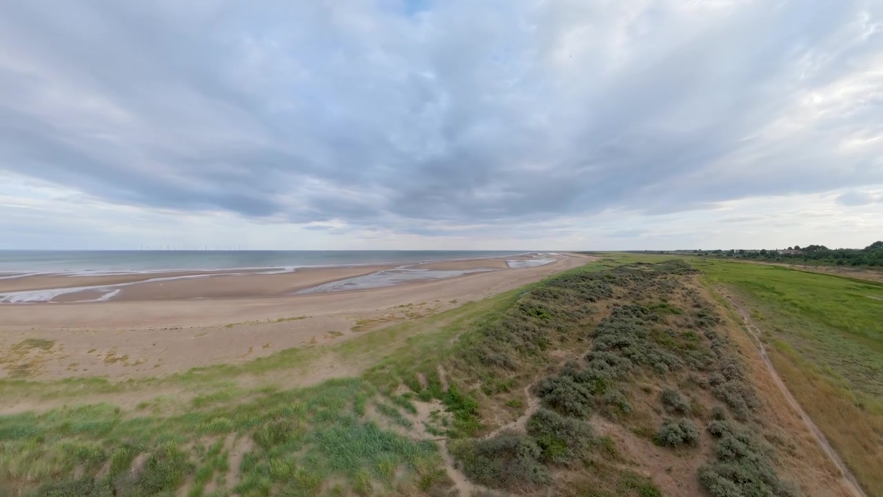 Bird's eye aerial view of sandy beach and dunes, Walking the dog at the beach, Lincolnshire, UK, waves of the sea, Person walking with two dogs on sandy beach at sunset.