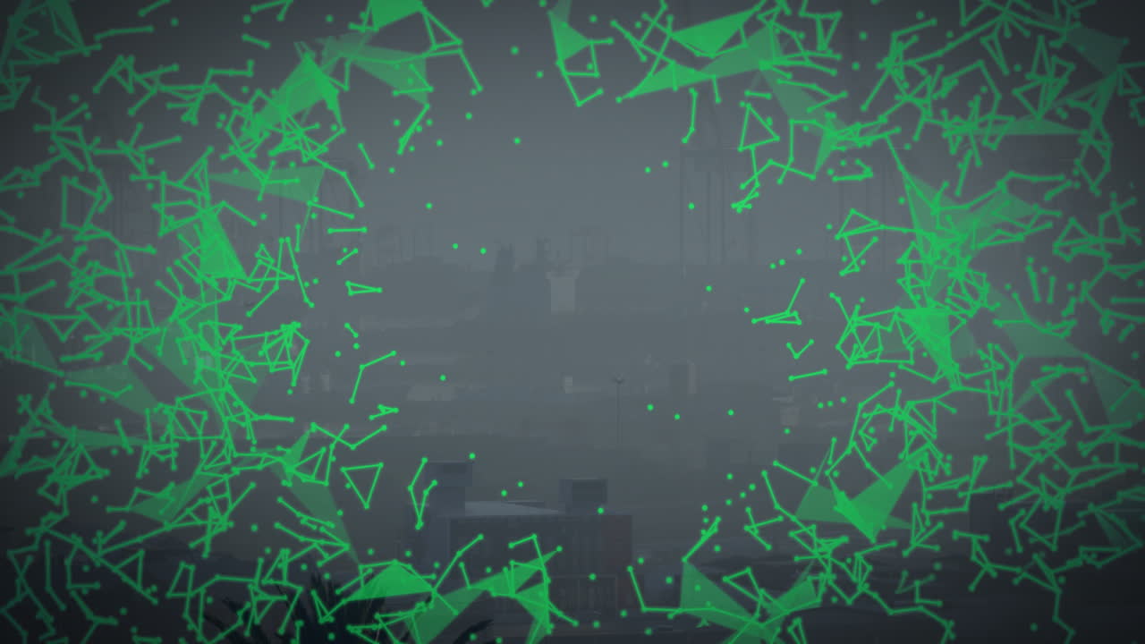 Animation of green geometric shapes forming circular pattern over foggy cityscape background