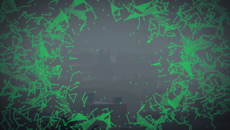 animation of green geometric shapes forming circular pattern over foggy cityscape background