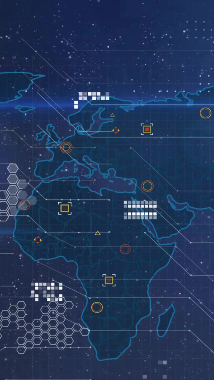 Animation of data processing over world map on dark background