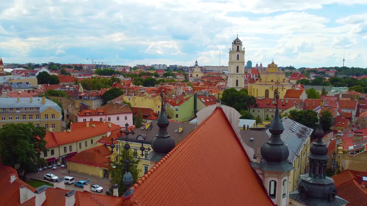 An aerial view of the city of Vilnius over the roof of the bell tower of St Johns Church.