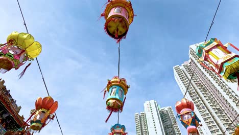 vibrant lanterns hanging in a temple setting