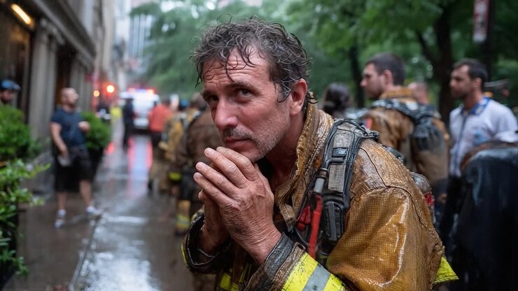 A Reflective Moment: A Firefighter Pauses in the Rain, Capturing the Emotion and Intensity of Their Duty Amidst Challenging Conditions