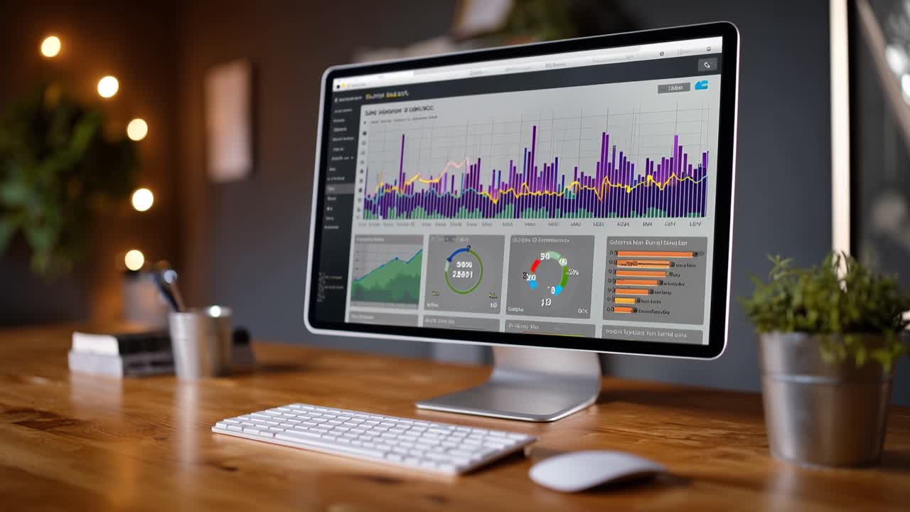 Professional workstation displaying complex visual data analytics on a modern monitor, with intricate charts and statistics for informed decision making and analysis
