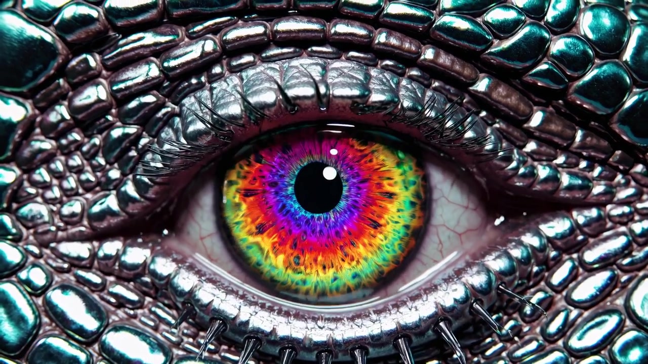 Futuristic Reptilian Eye Blinking with Vibrant Rainbow Iris