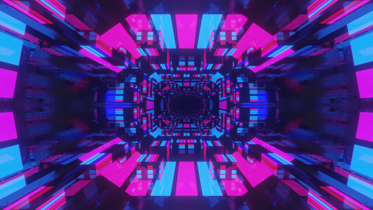 animación en bucle sin costuras de 4k. vuela a través de un túnel simétrico de espejo con patrón de neón, patrón de brillo de ciencia ficción. luz de neón de reflexión brillante. fondo brillante simple, estructura de ciencia ficción