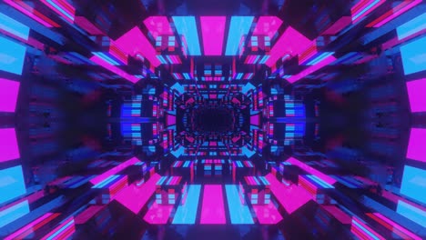 animación en bucle sin costuras de 4k. vuela a través de un túnel simétrico de espejo con patrón de neón, patrón de brillo de ciencia ficción. luz de neón de reflexión brillante. fondo brillante simple, estructura de ciencia ficción