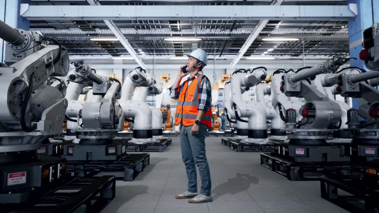 ingeniero hablando por teléfono en una fábrica con robots