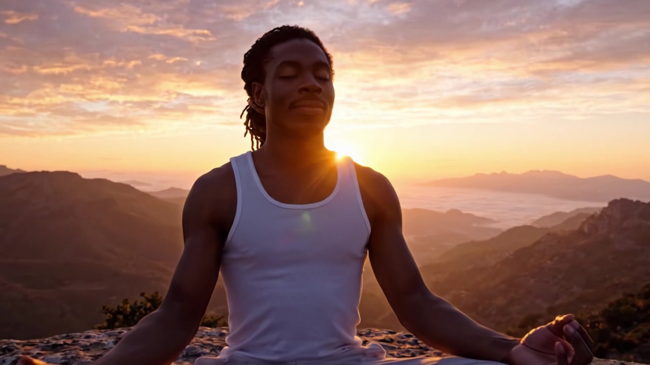 Un momento sereno di meditazione all'alba: un individuo pacifico che pratica la consapevolezza nella natura, avvolto dal calore della luce del mattino.