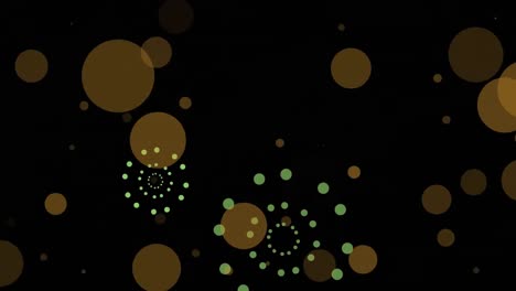 animation of green firework explosions and bokeh orange light spots on black background