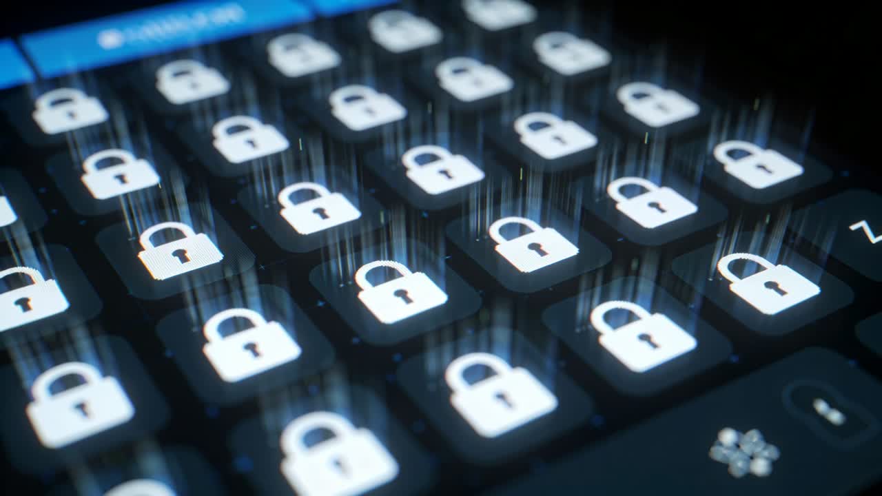 Lighting animation starting on backlit keyboard cluster at desk, showing glowing padlock icons