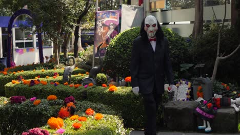 Mexican-Halloween-Celebration:-SAW-Clown-in-Decorated-School