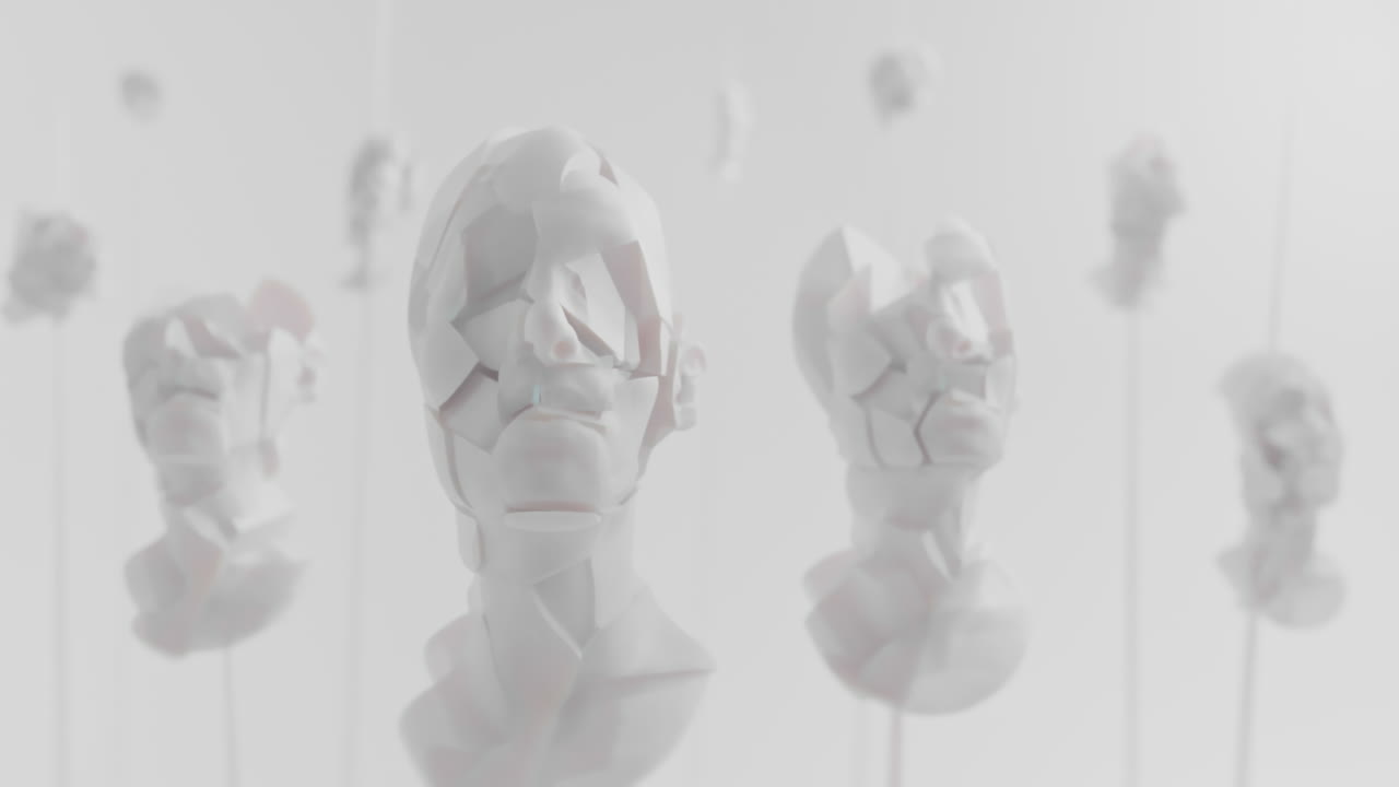 Multiple crushed android heads on spikes in white space