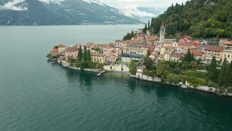 aerial: varenna village near lake como on a cloudy day