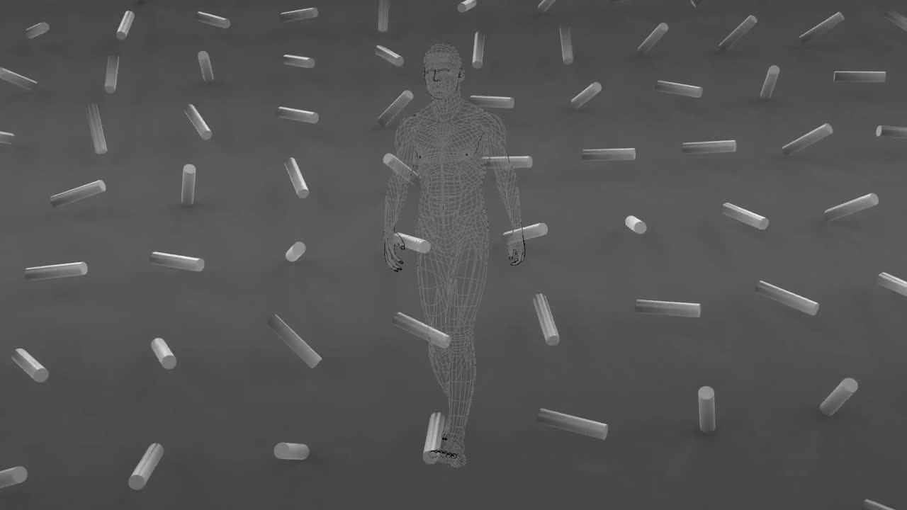 회색 배경 위의 인체 모델과 모양의 애니메이션