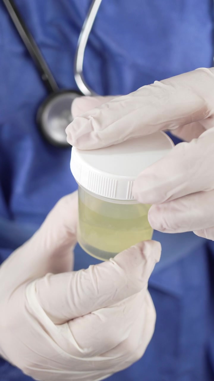 Contenitore per campioni di urina riempito con liquido giallo pallido, sigillato da una mano guantata davanti a un camice medico blu e uno stetoscopio, scattato in formato verticale per temi di analisi cliniche