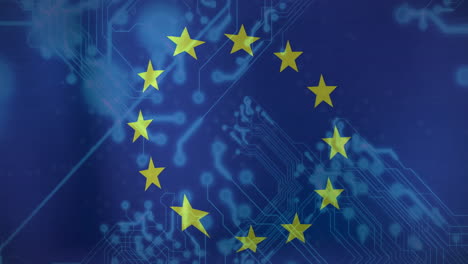 european union flag over digital circuit board, representing technology and connectivity