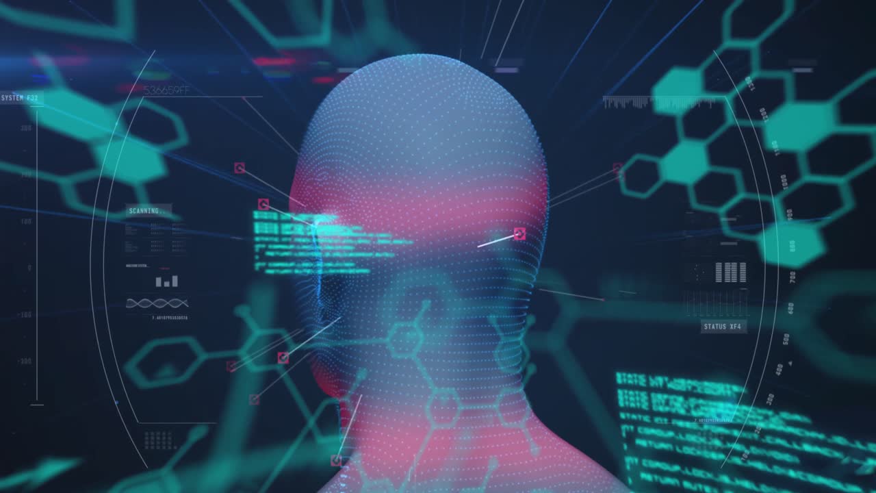 Animation of digital head and data processing on black background