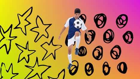 Animation-Eines-Fußballspielers-Mit-Ball-über-Sternen-Und-Punkten-Auf-Rosa-Bis-Gelbem-Hintergrund