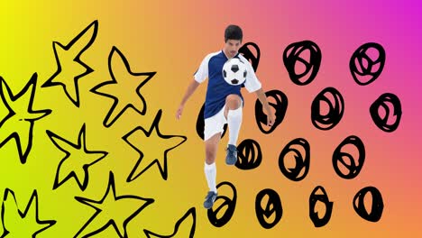 animación de un jugador de fútbol con pelota sobre estrellas y puntos en fondo rosa a amarillo