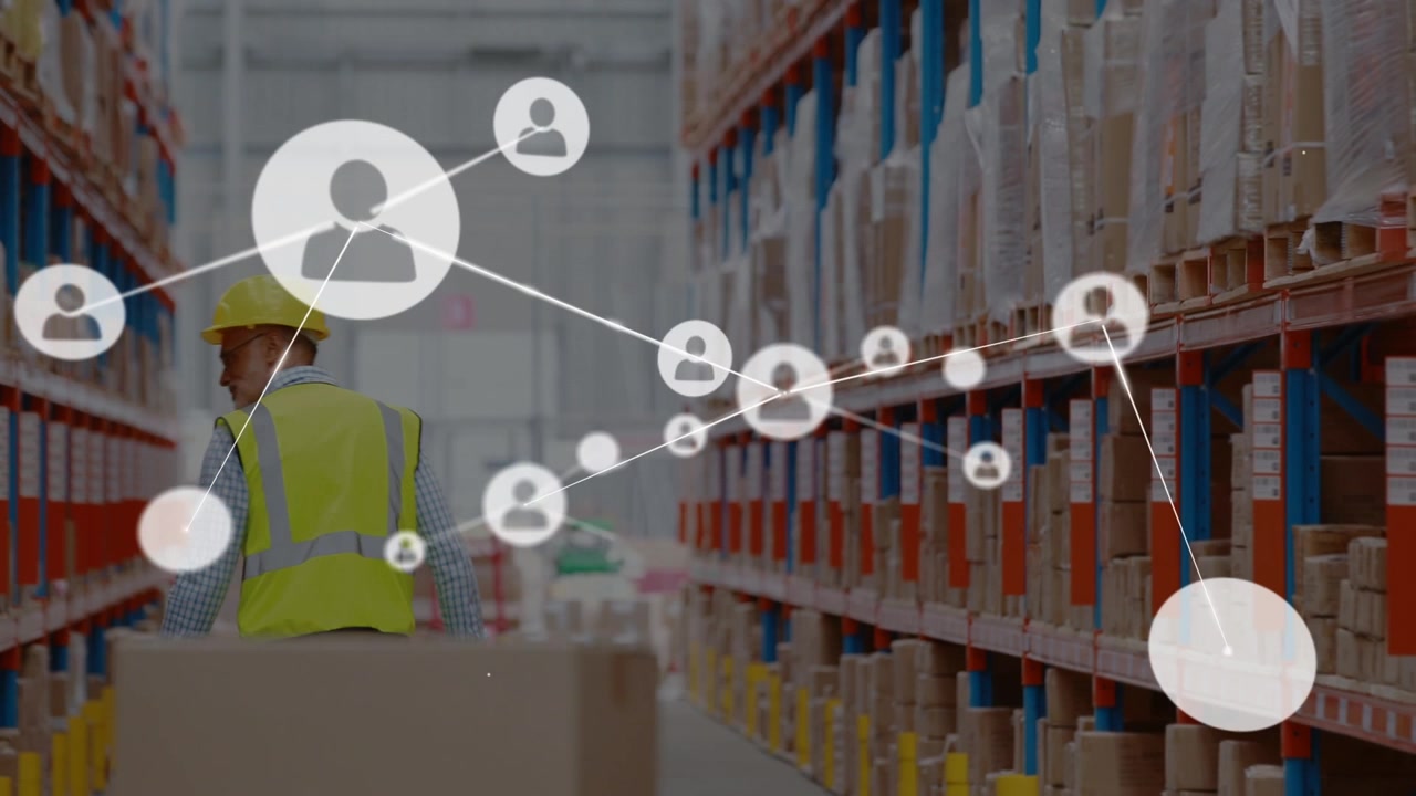 Animation of network of connections over caucasian warehouse worker