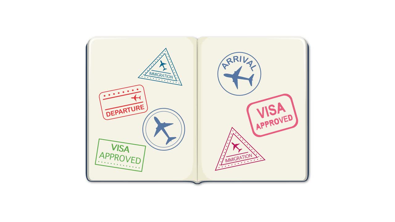 Passport pages filling with various travel stamps