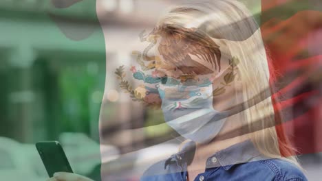 animación de la bandera de méxico ondeando sobre una mujer con máscaras faciales
