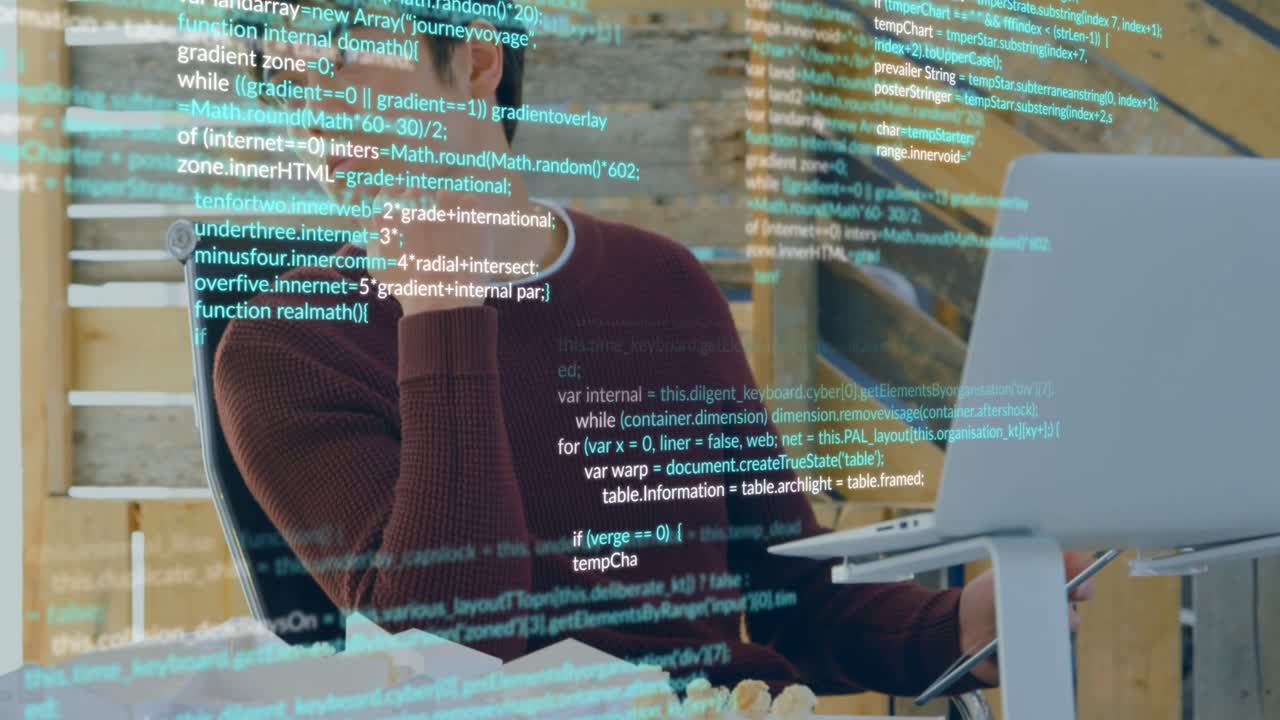 Vertical video: Code appearing, man in sweater studying laptop on stand, touching chin amid papers