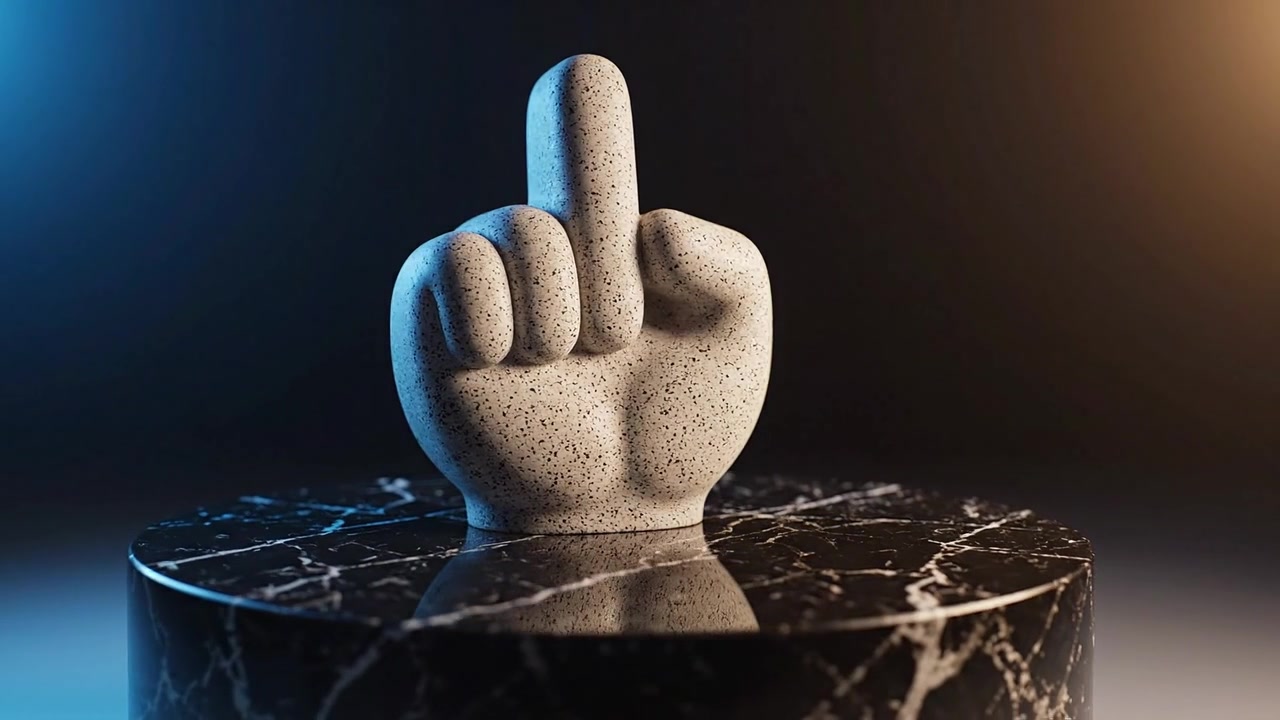 Una scultura artistica unica di una mano alzata che offre un messaggio forte, realizzata in pietra maculata, esposta su un elegante piedistallo di marmo con illuminazione drammatica.