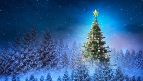 árbol de navidad en el paisaje de invierno y la nieve que cae