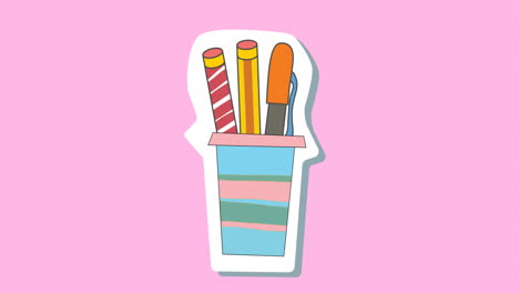 animation of school pens in container on pink background