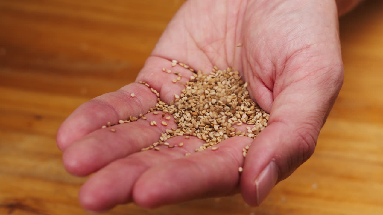 White dried sesame seeds on man hand close-up macro. Super food. Sprinkles for food.Healthy concept. High quality 4k footage