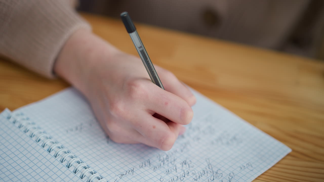 primer plano de la escritura de un estudiante en un diario en un paño tejido colocado sobre una mesa de madera, centrado en notas escritas a mano, demostrando hábitos de estudio y creatividad en un ambiente de espacio de trabajo acogedor