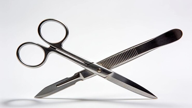 Rotating metal scissors crossing ribbed tool on white table as frames pushing forward, pivot screw
