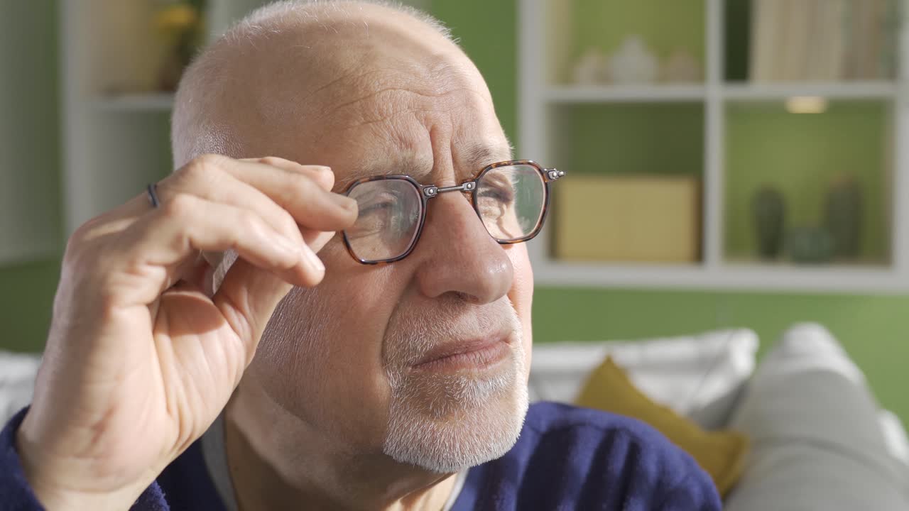 un primer plano de un anciano que sufre de soledad o pensamientos infelices en casa.